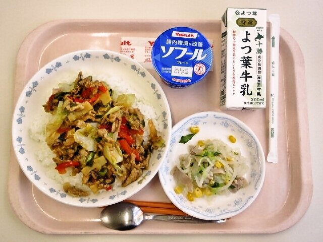スタミナ丼、大根サラダ、ヨーグルト、牛乳