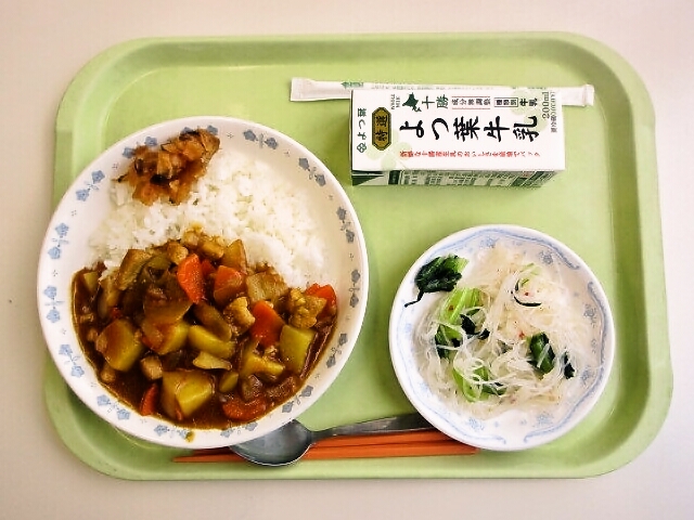 カレーライス、福神漬、大根と青菜のサラダ、牛乳