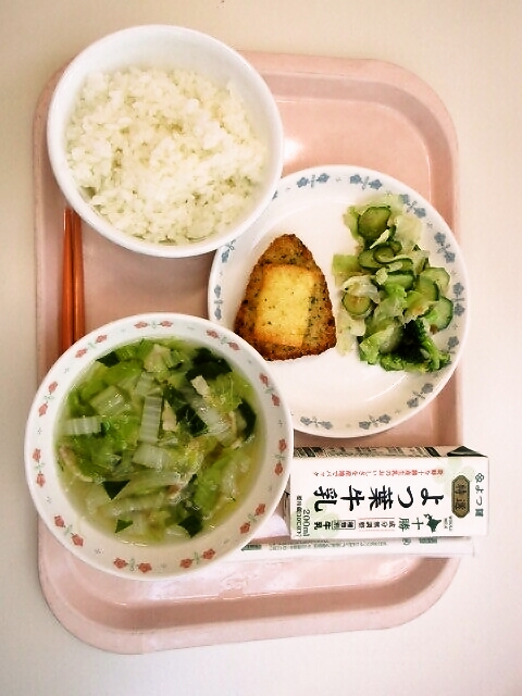 ごはん、野菜スープ、チキンのオーブン焼き、グリーンサラダ、牛乳