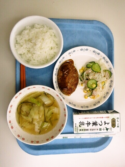 ごはん、みそ汁（白菜・昆布）、ハンバーグ、大根サラダ、牛乳