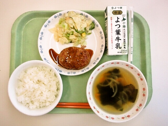 ごはん、わかめスープ、ハンバーグ、チップスサラダ、牛乳