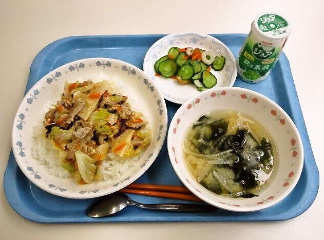 塩豚丼、みそ汁(大根・わかめ)、きゅうりもみ、ジョア(マスカット)