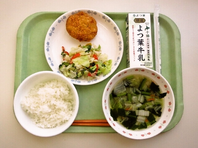 ごはん、白菜スープ、いかメンチカツ、カラフルサラダ、牛乳