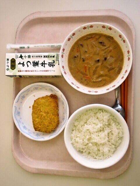 ごはん、しほろ牛のビーフストロガノフ、野菜コロッケ、牛乳