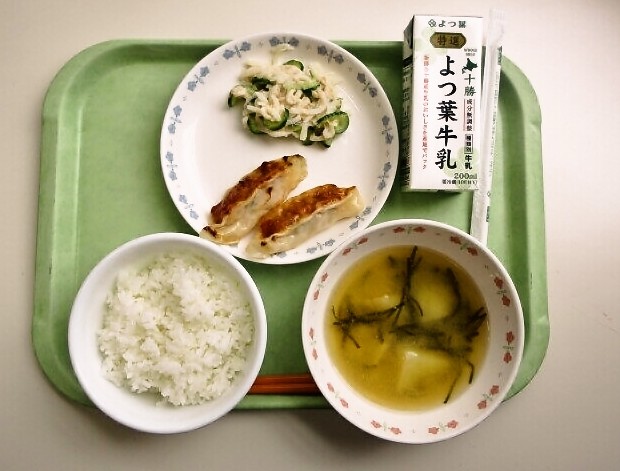 ごはん、みそ汁（じゃがいも・昆布）、焼き餃子、大根ツナサラダ、牛乳