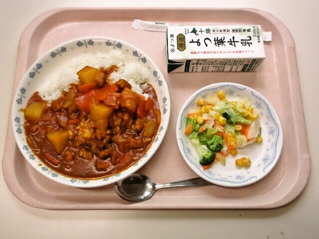 ポークカレー、コーンサラダ、牛乳